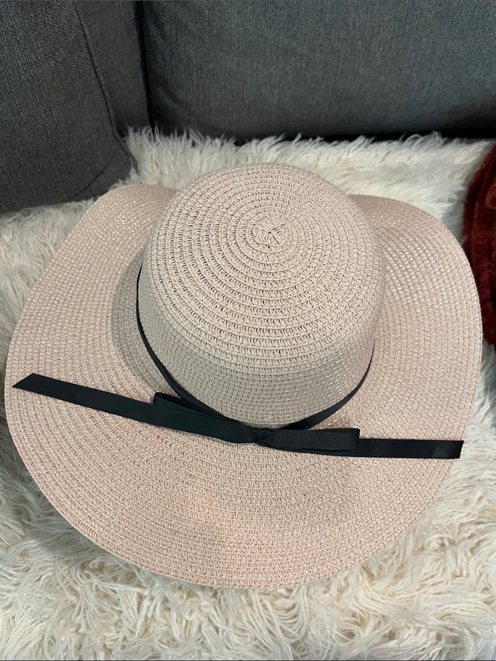 Wide Brim Straw Sun Hat with Black Ribbon - light pink BRAND NEW